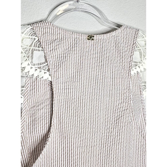 For Love & Lemons Emmy Sleep Romper Brown Seersucker and Lace Size Small - Picture 15 of 16